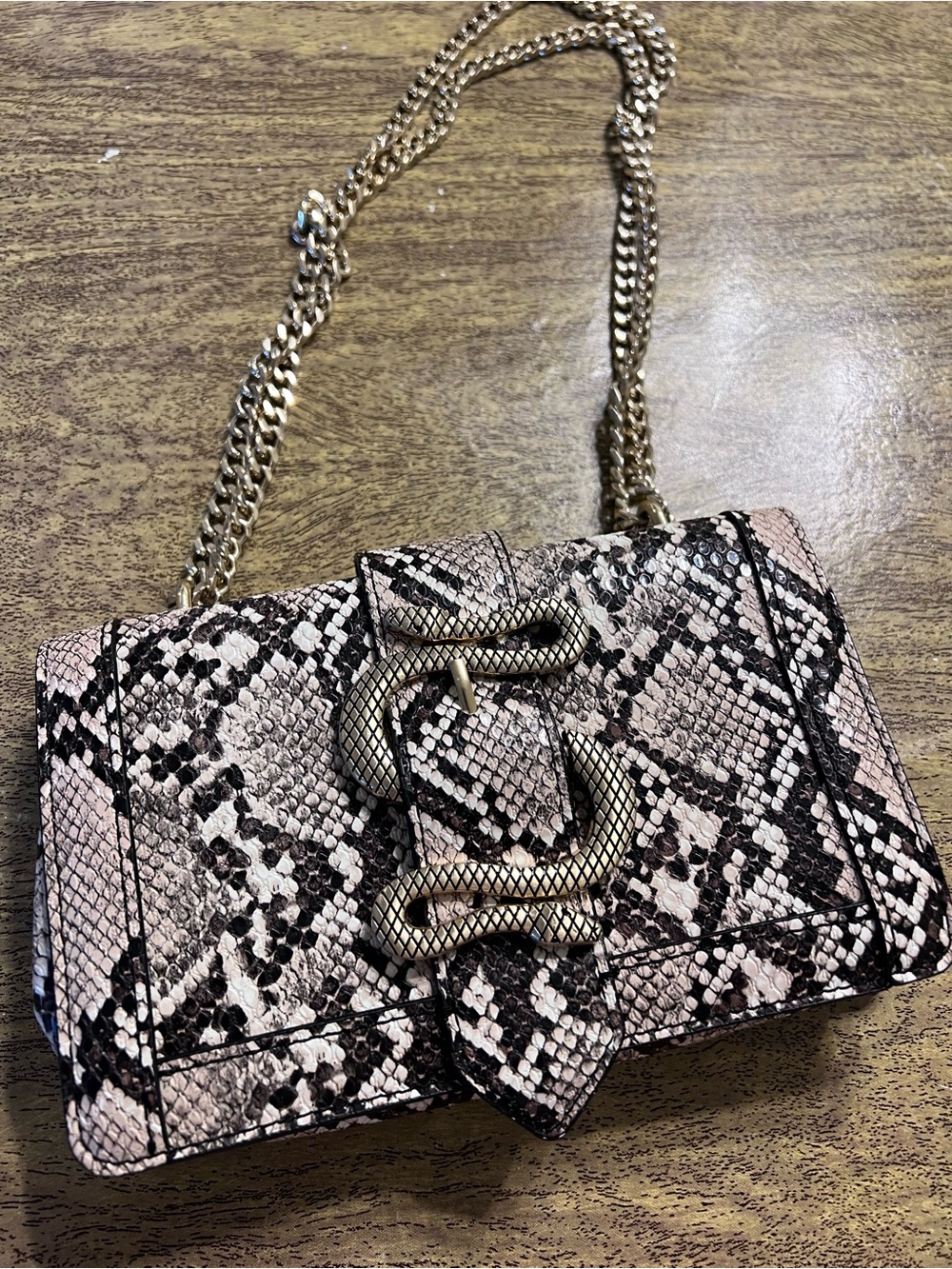 Express Pink Snake-Print Chain Crossbody Bag with Gold Hardware